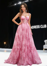 Janet | Pink Floral Sweetheart Pleated Long Prom Dress - Pink Floral - PromDressClub